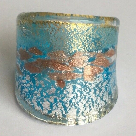 Artisan Jewelry - Foil Fused Glass Chunky Dome Ring Blue Silver Gold